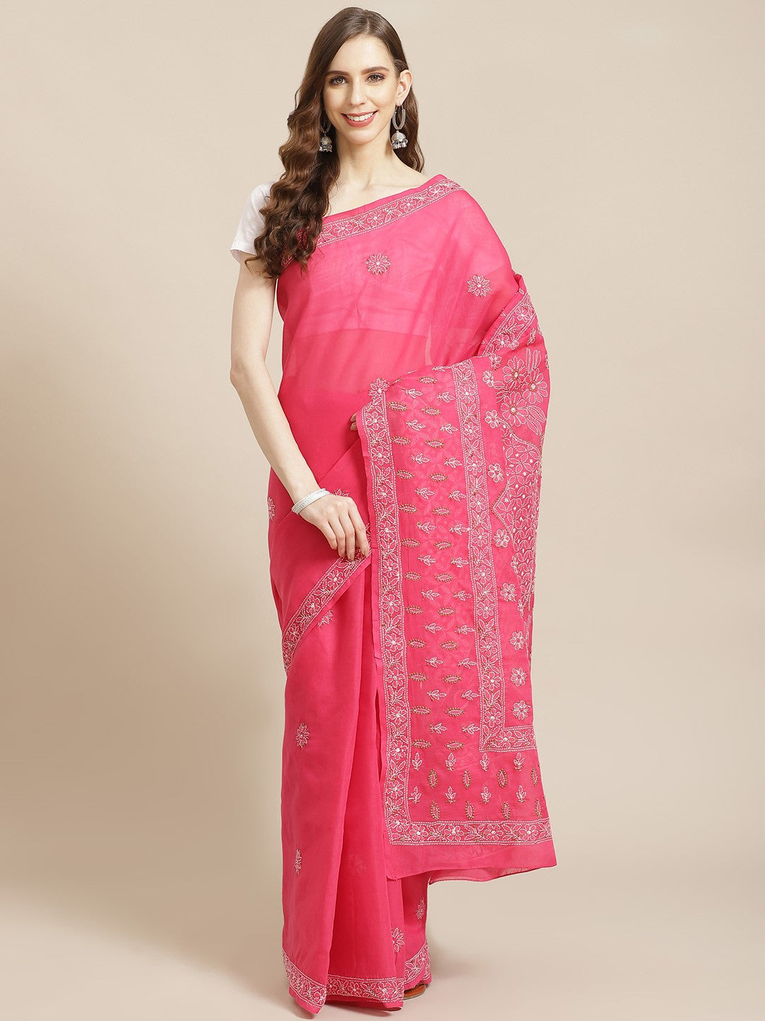 Ada Hand Embroidered Magenta Cotton Lucknow Chikan Saree With Blouse-A311206