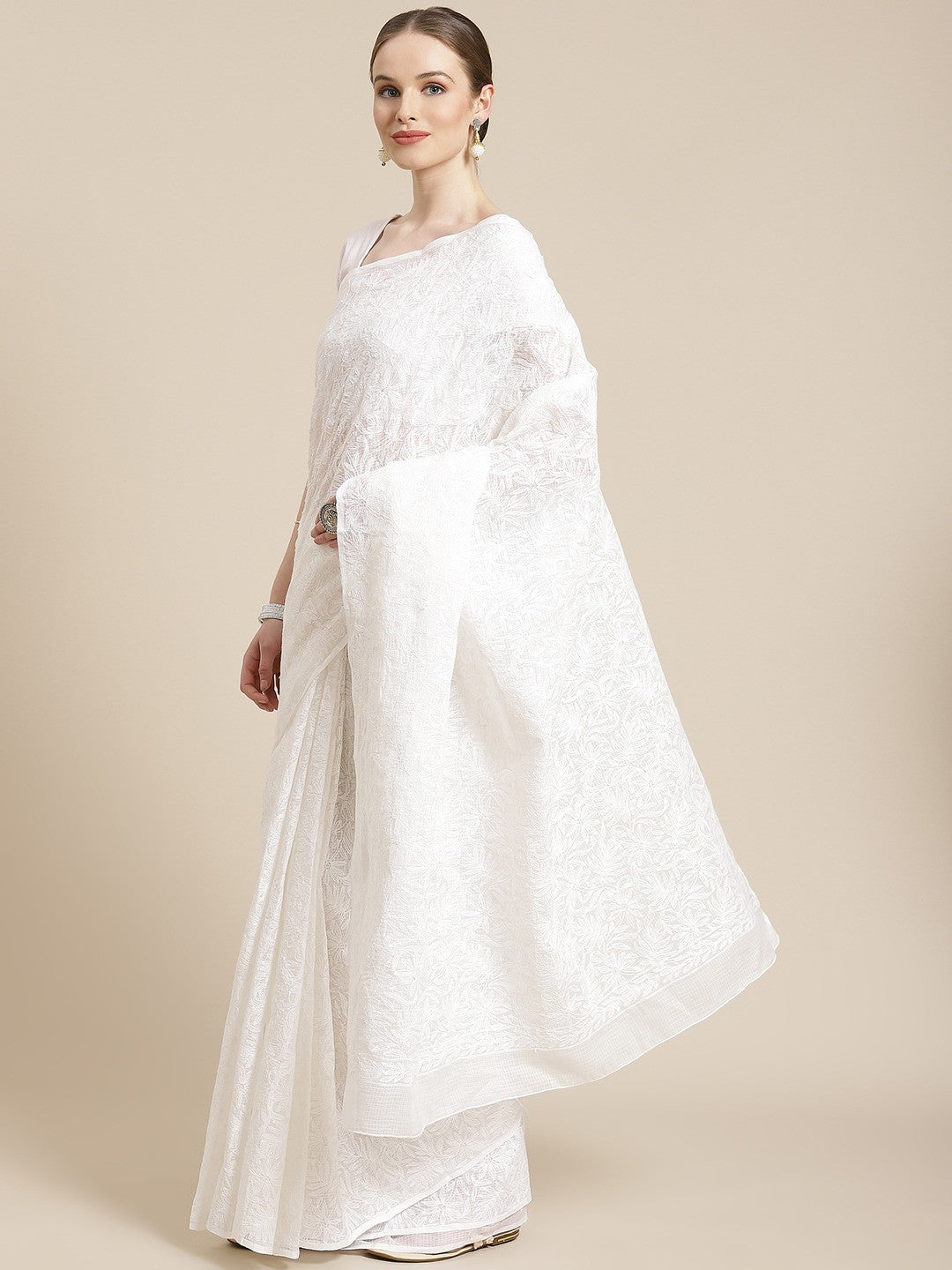 Ada Hand Embroidered White Kota Lucknow Chikan Saree With Blouse- A311227