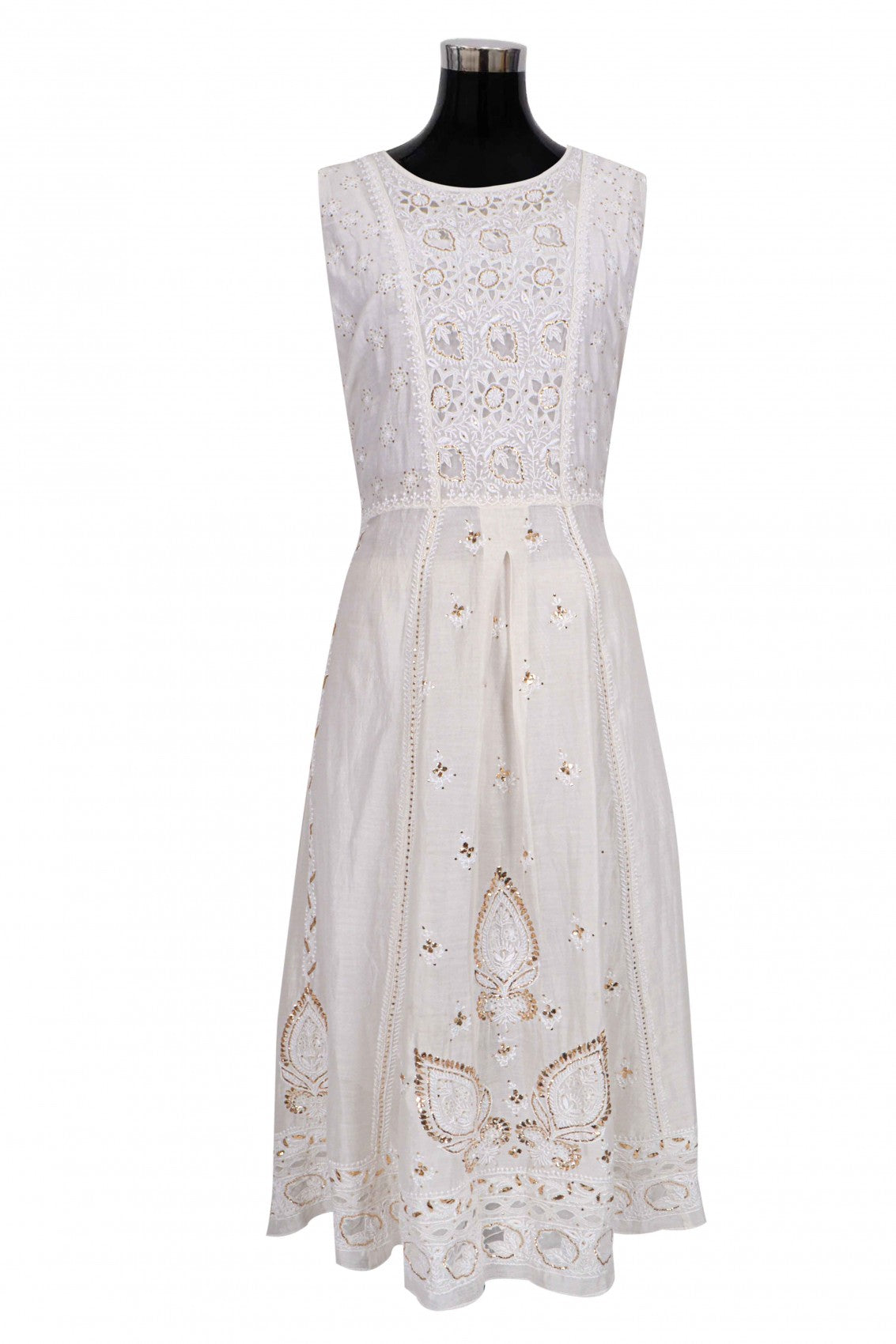 Ada Hand Embroidered Off White Chanderi Lucknowi Chikankari Semi Stitched Anarkali Kurta Dupatta Set With Muqaish Work 01A107812