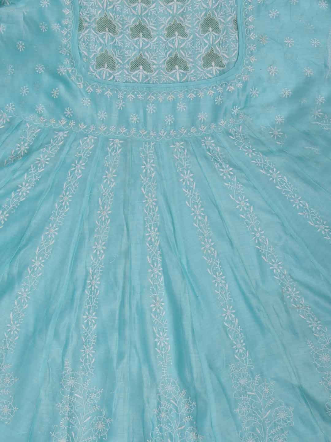 Ada Hand Embroidered Tame Teal Blue Chanderi Lucknowi Chikankari Semi-Stitched Anarkali Kurta Dupatta Set With Zari Work 01A205806