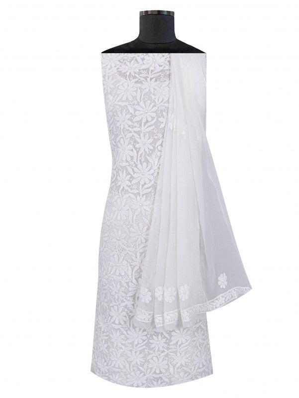 Ada Hand Embroidered White Georgette Lucknowi Chikan Unstitched Suit Piece A611802