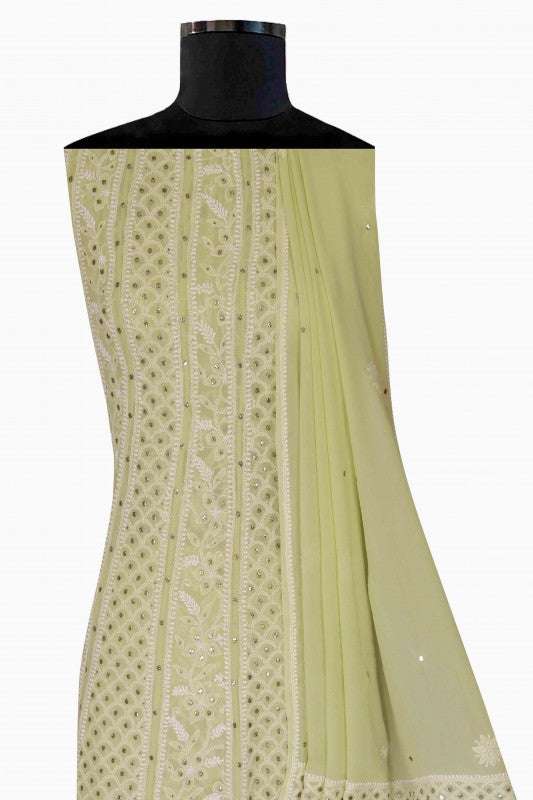 Ada Hand Embroidered Lemon Pure Georgette Lucknowi Chikan Semi-Stitched Anarkali Kurta Dupatta Set With Muqaish Work-A328561