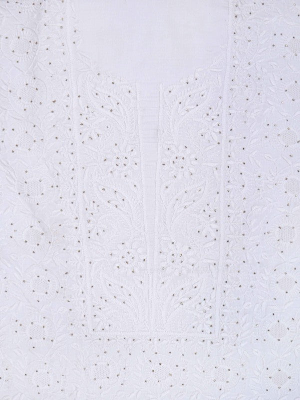 Ada Hand Embroidered White Cotton Lucknowi Chikankari Unstitched Suit Piece With Muqaish Work 01A207475