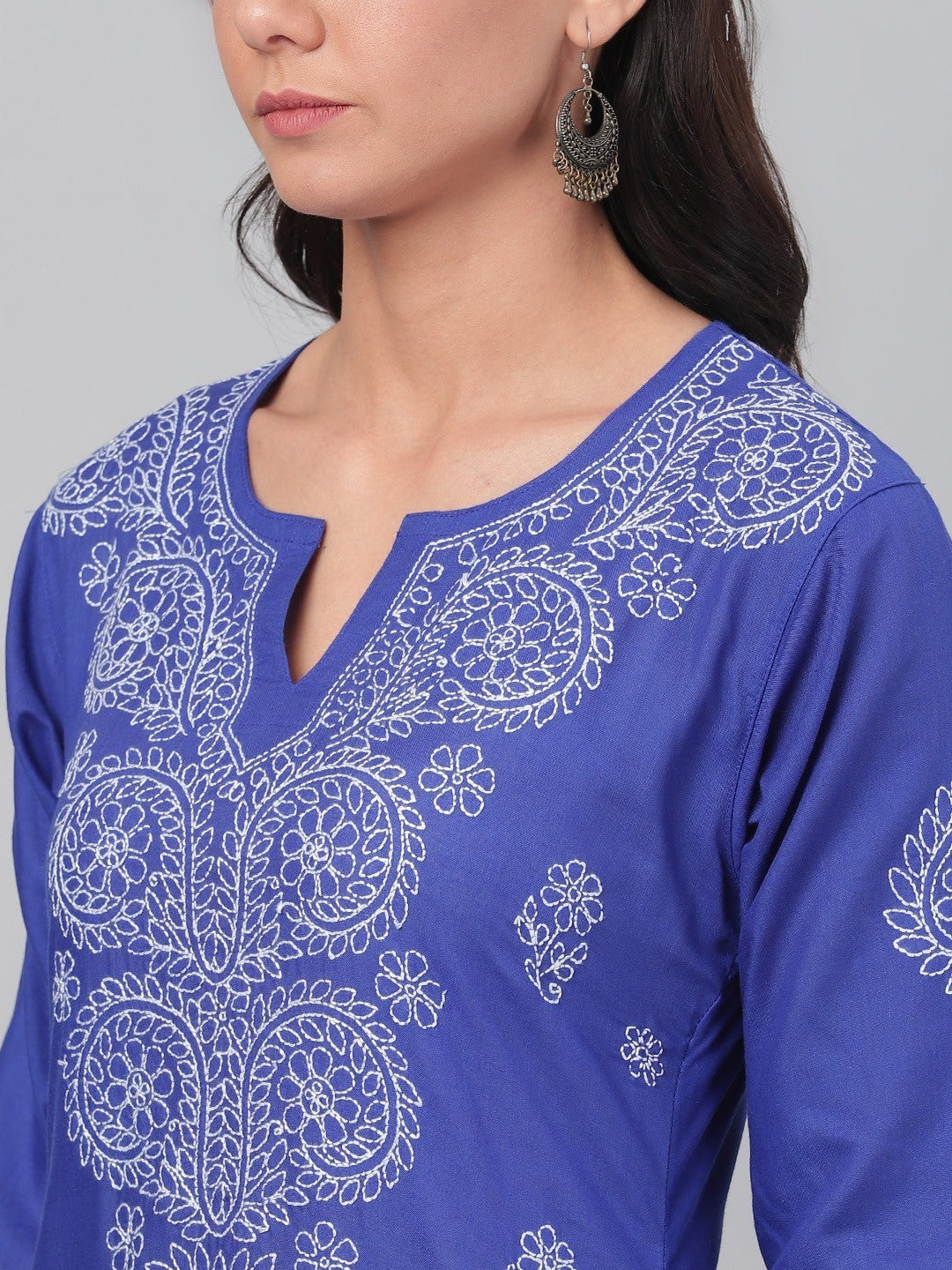 Ada Hand Embroidered Royal Blue Cotton Lucknow Chikan Straight Kurta A100480