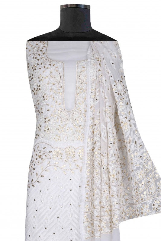 Ada Hand Embroidered White Georgette Lucknowi Chikan Unstitched Kurta Dupatta Set with Gotapatti & Zari Work A336652