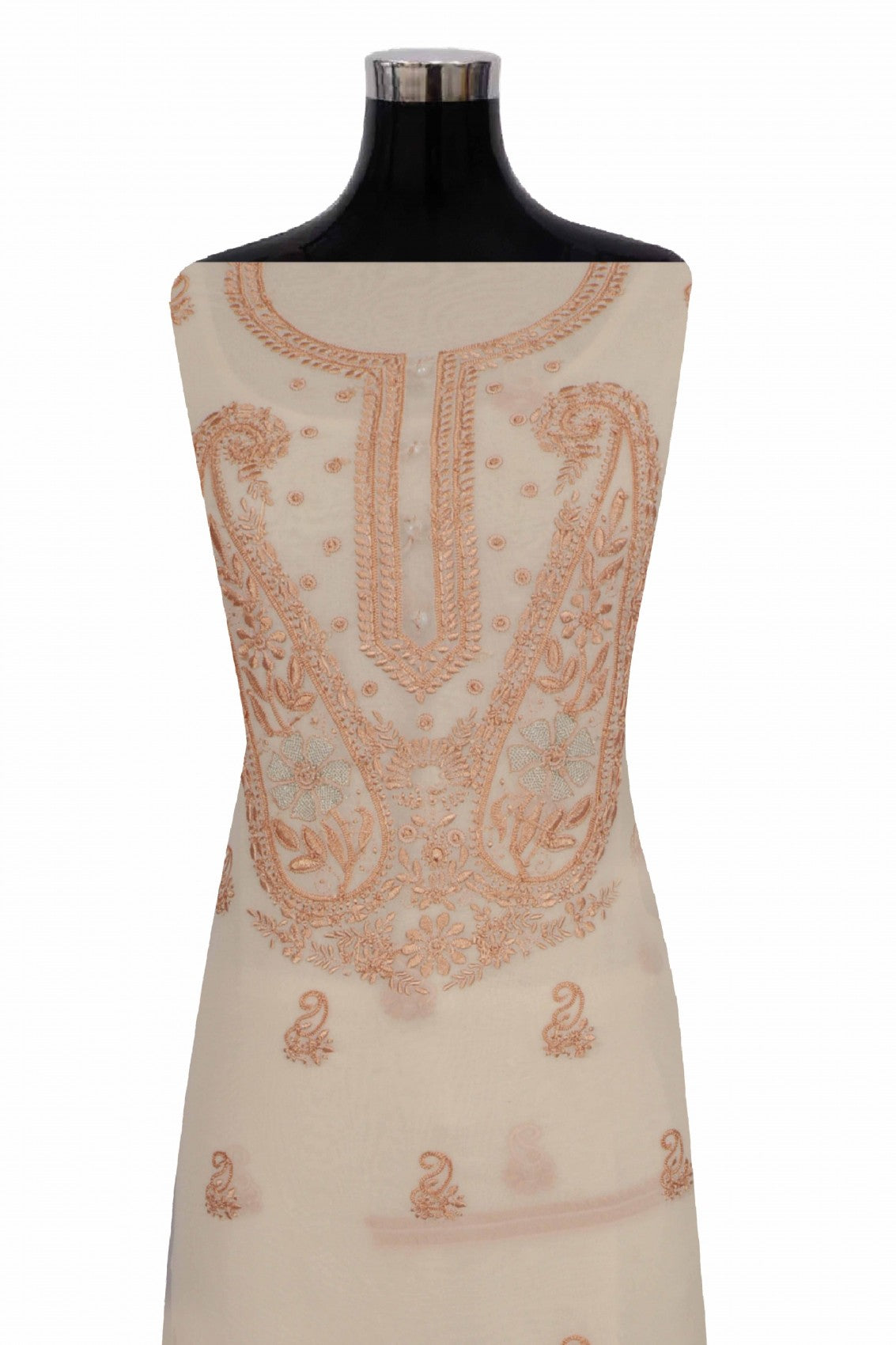 Ada Hand Embroidered Beige Pure Georgette Lucknowi Chikankari Unstitched Kurta Dupatta Set With Zari Work AA411297