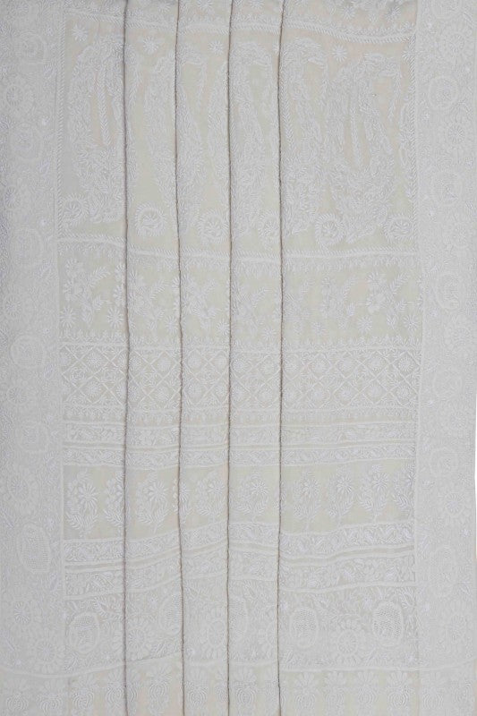 Ada Hand Embroidered White Pure Georgette Lucknow Chikan Saree with Blouse A342799