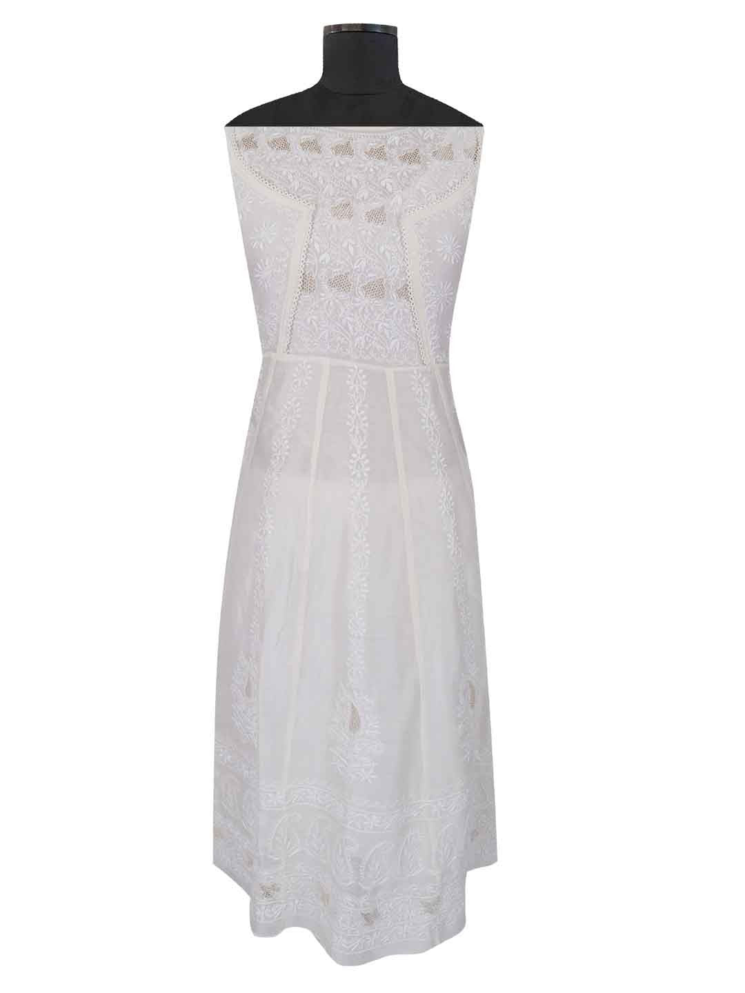 Ada Hand Embroidered Cream Chanderi Lucknowi Chikankari Semi-Stitched Anarkali Kurta Dupatta Set With Zari Work 01A205798