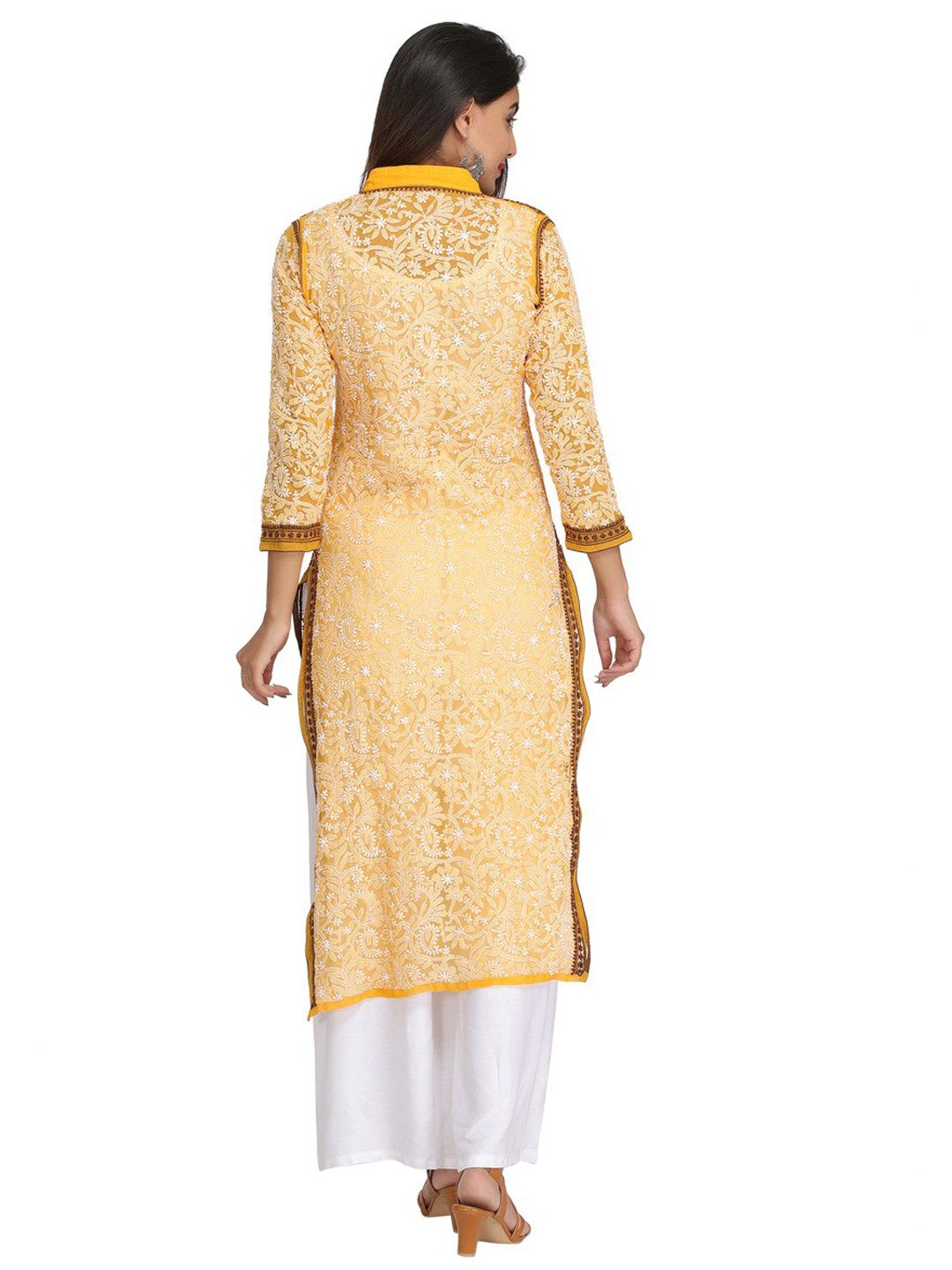 Ada Hand Embroidered Yellow Georgette Lucknow Chikan Kurta A273805