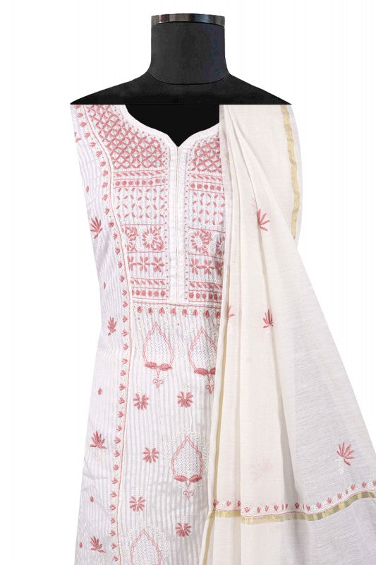 Ada Hand Embroidered White Chanderi Lucknowi Chikankari Unstitched Anarkali Kurta Dupatta Set 01A138196