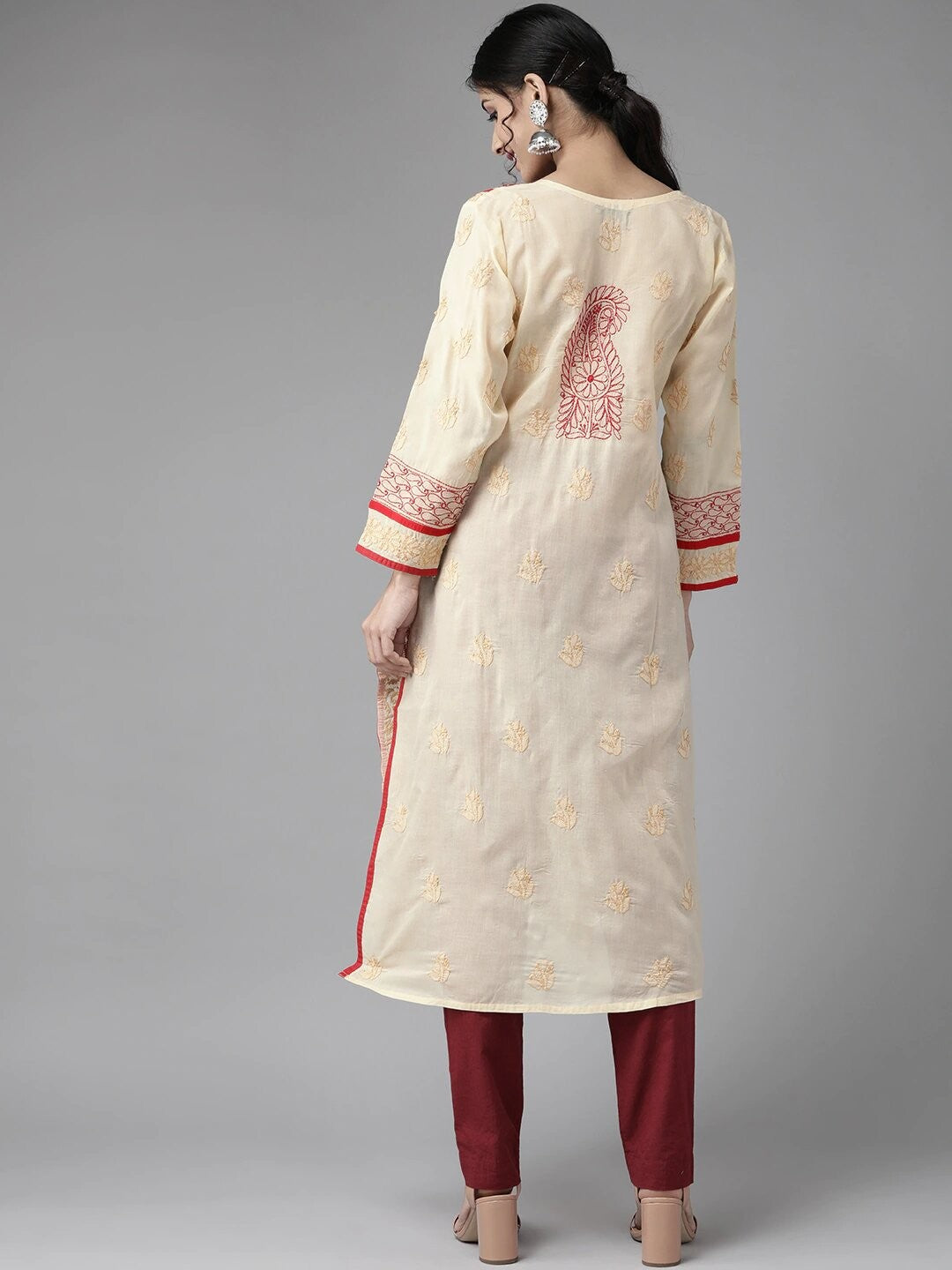 Ada Hand Embroidered Fawn Cotton Lucknow Chikan Straight Kurta A285129