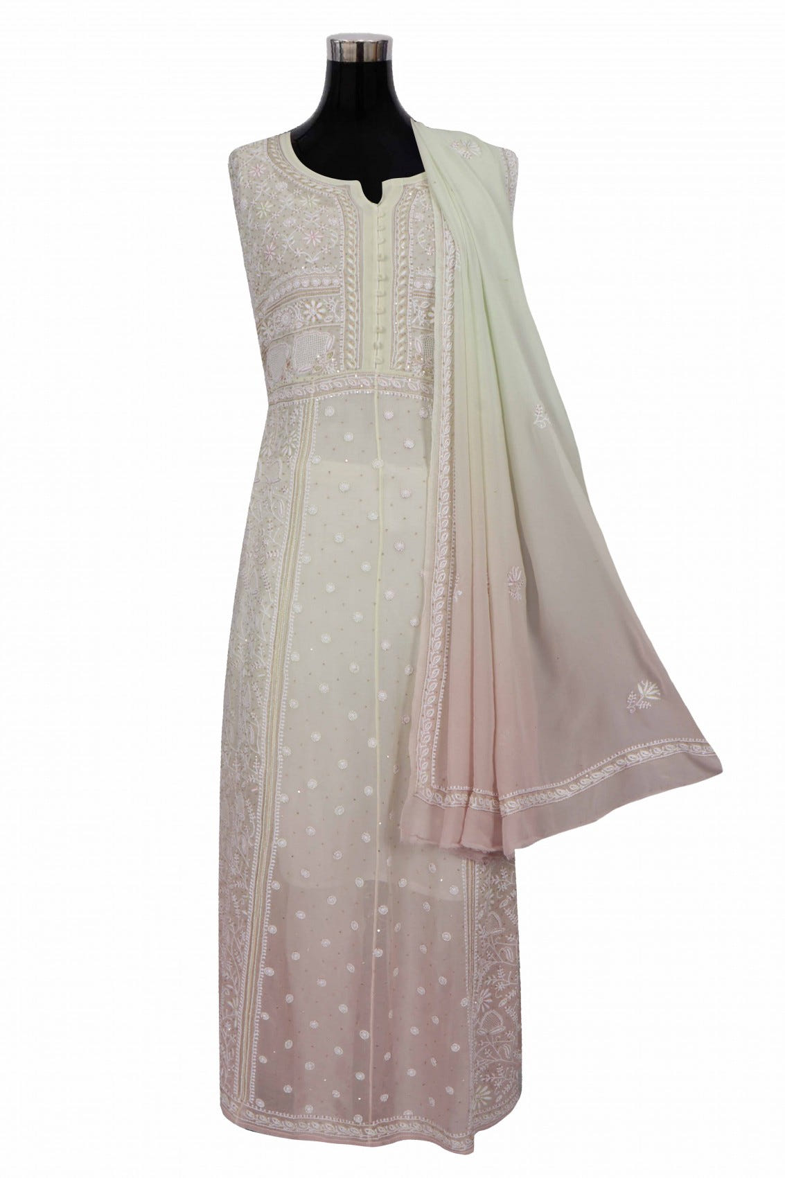 Ada Hand Embroidered Pistachio Green Ombre shade Georgette Lucknowi Chikankari Semi-Stitched Anarkali Kurta Dupatta Set With Pearl Work 01A243869
