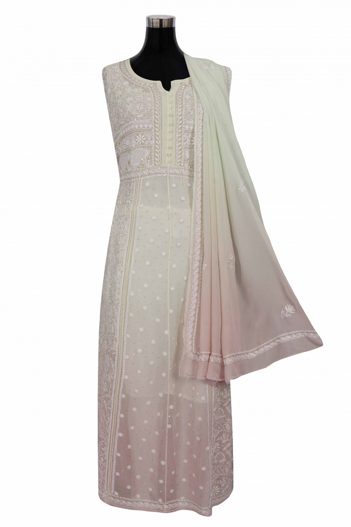 Ada Hand Embroidered Pistachio Green Ombre shade Georgette Lucknowi Chikankari Semi-Stitched Anarkali Kurta Dupatta Set With Pearl Work 01A243869