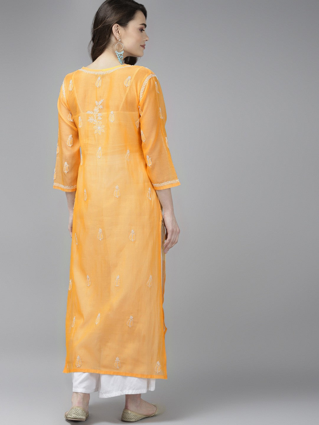 Ada Hand Embroidered Yellow Chanderi Lucknow Chikankari Straight  Kurta A411375