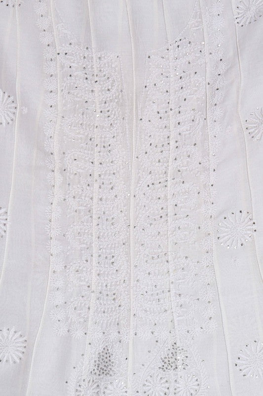 Ada Hand Embroidered White Chanderi Lucknowi Chikankari Semi-Stitched Anarkali Kurta Piece With Muqaish Work A609248