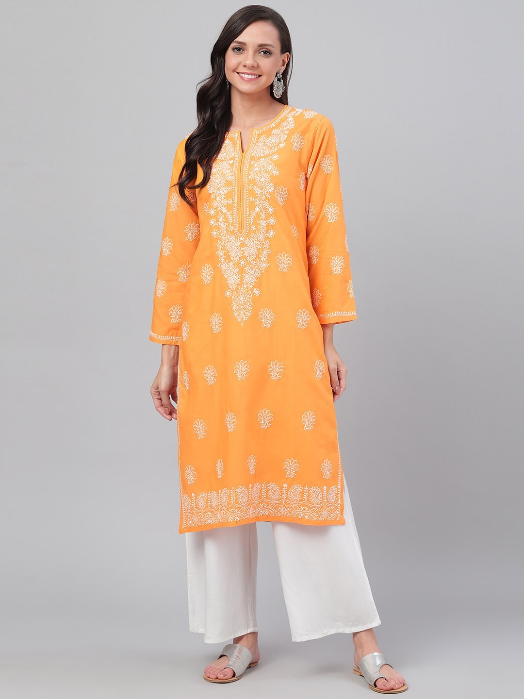 Ada Hand Embroidered Mustard Cotton Lucknowi Chikankari Straight Kurta A100472
