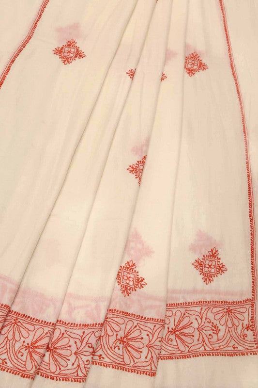 Ada Hand Embroidered Cream Pashmina Lucknow Chikan Woolen Stole A425217