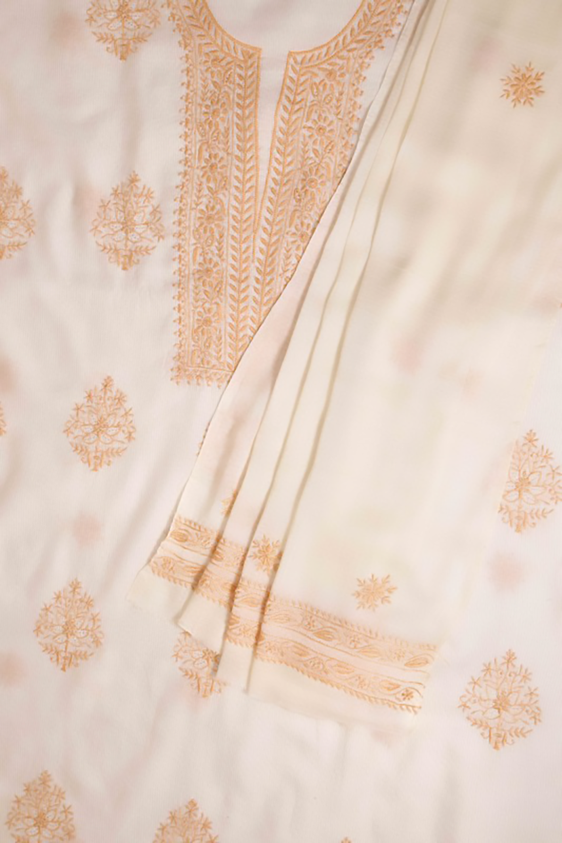 Ada Hand Embroidered Cream Chanderi Lucknowi Chikankari Unstitched Kurta Dupatta Set 01A10301