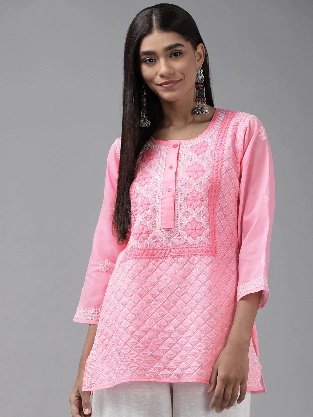 Ada Hand Embroidered Dark Pink Cotton Lucknowi Chikankari Straight Kurti A911242