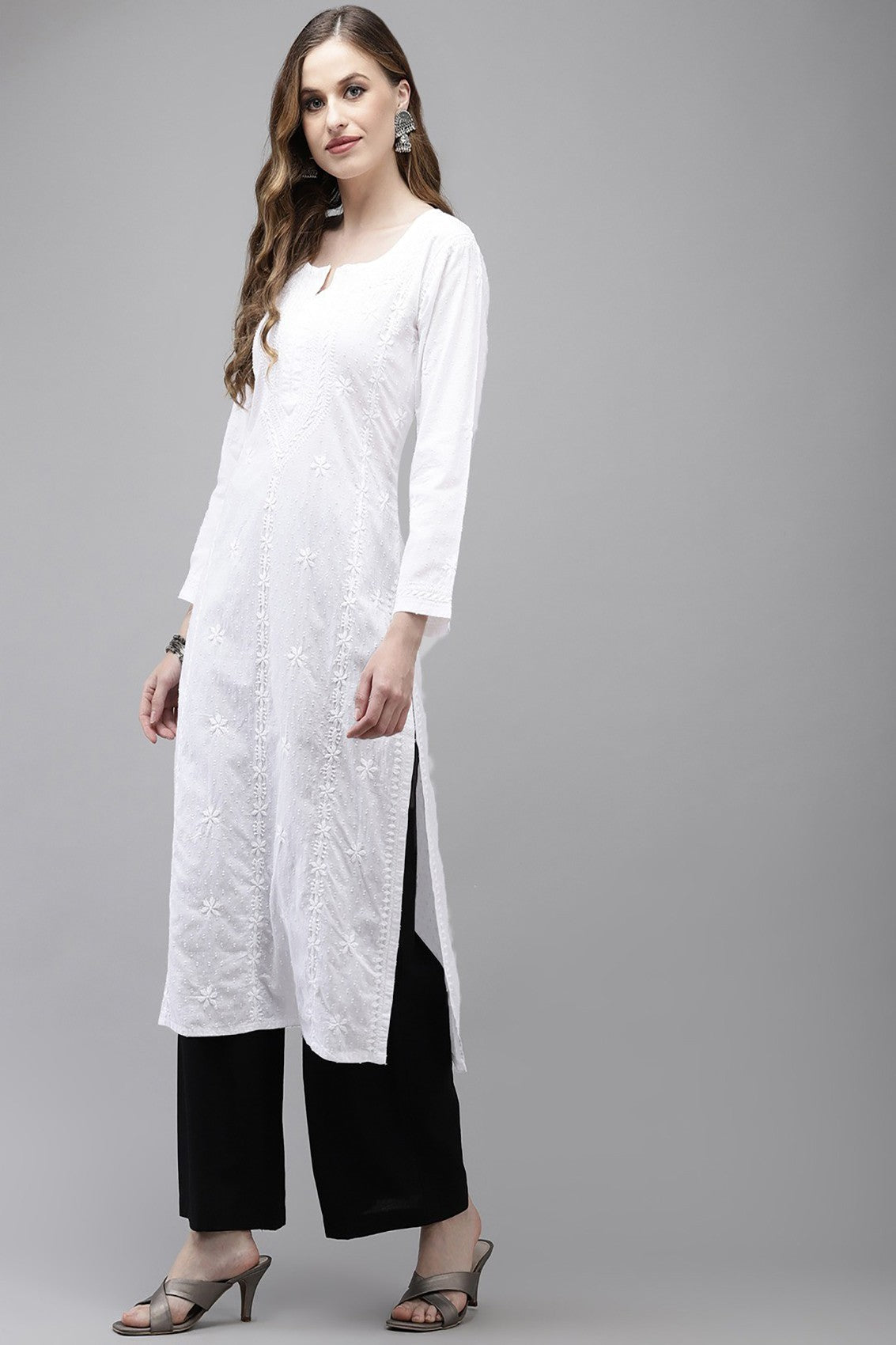 Ada Hand Embroidered White Cotton Lucknow Chikankari Straight Kurta A411323