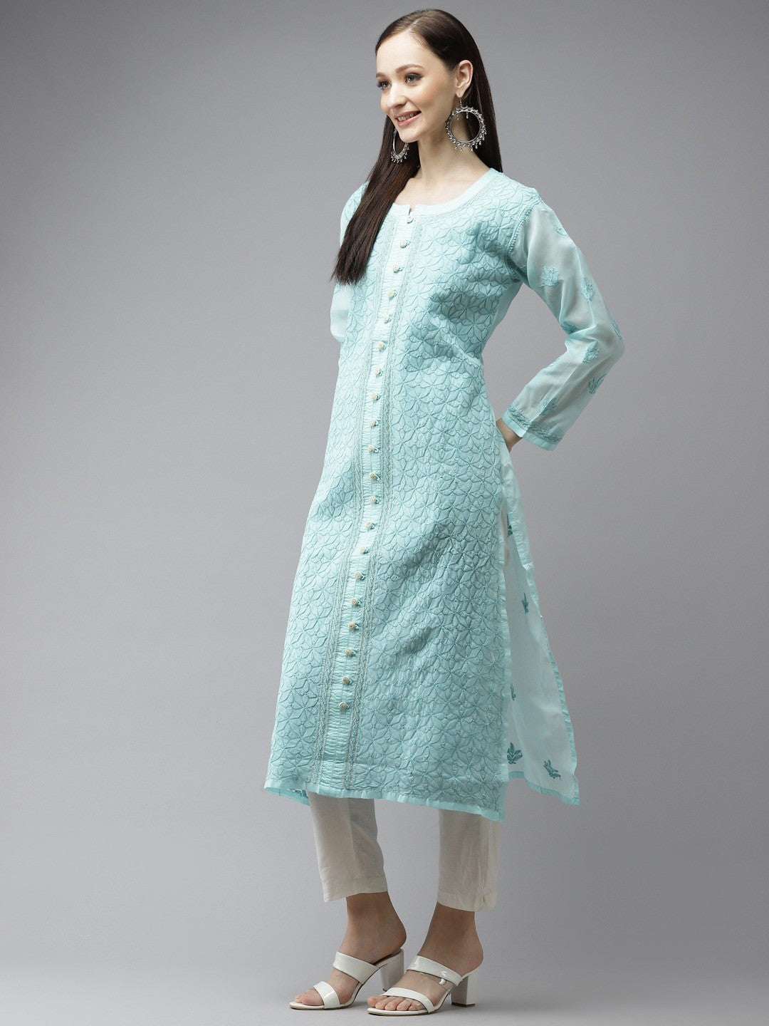 Ada Hand Embroidered Blue Cotton Lucknow Chikan Straight Kurta A411316