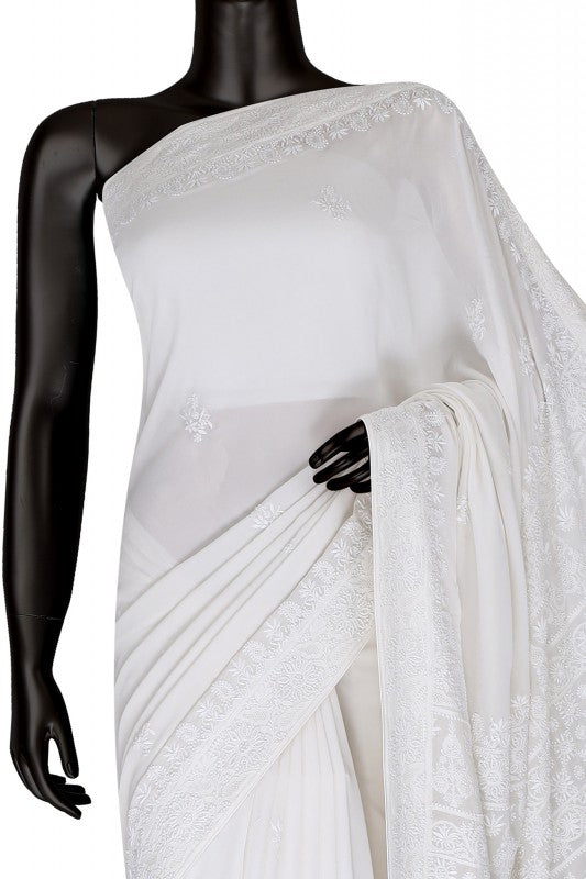 Ada Hand Embroidered White Pure Georgette Lucknowi Chikankari Saree With Blouse A459386