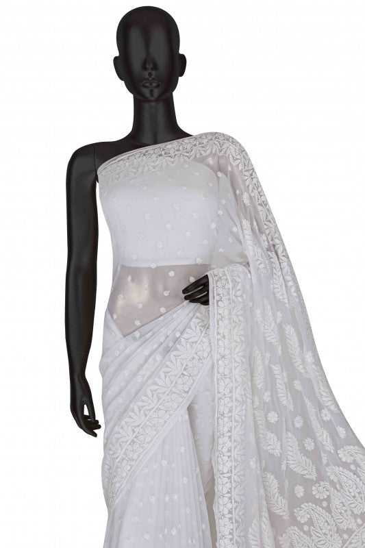 Ada Hand Embroidered White Georgette Lucknowi Chikankari Saree With Blouse A588638
