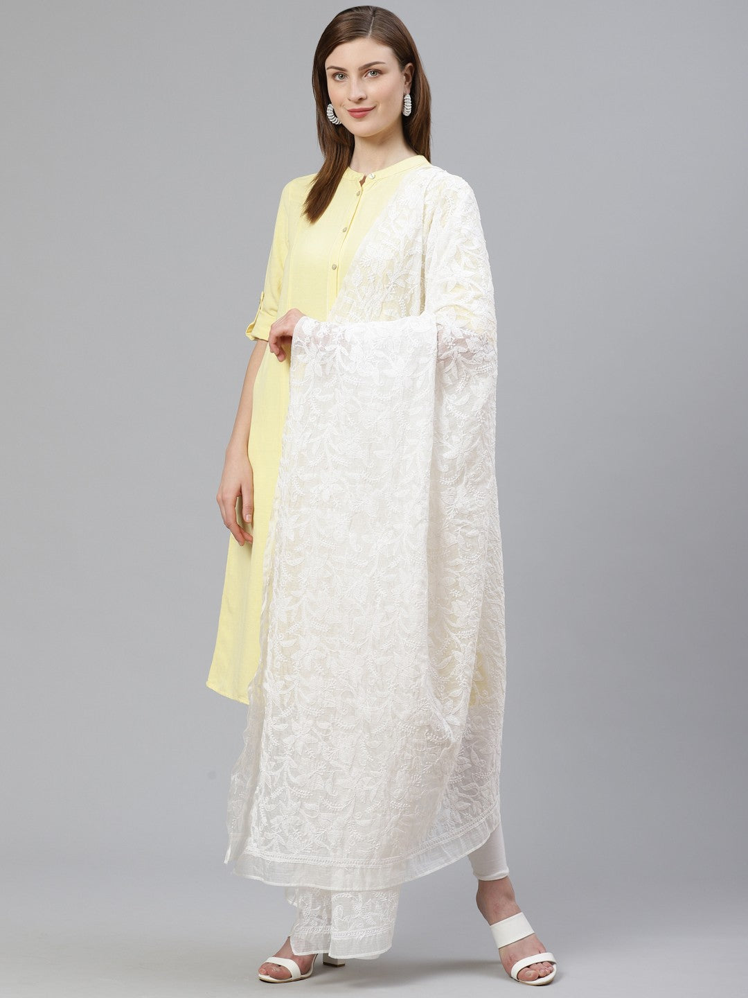 Ada Hand Embroidered White Kota Lucknowi Chikankari Dupatta A100455