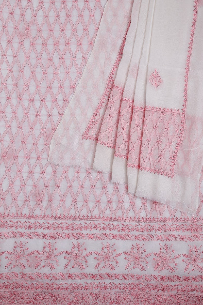 Ada Hand Embroidered White Pure Georgette Lucknowi Chikan Unstitched Kurta Dupatta Set A457085