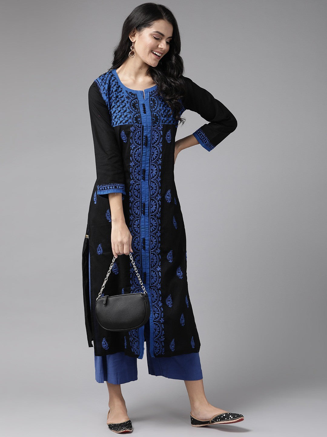 Ada Hand Embroidered Black Cotton Lucknowi Chikankari Straight  Kurta A430788