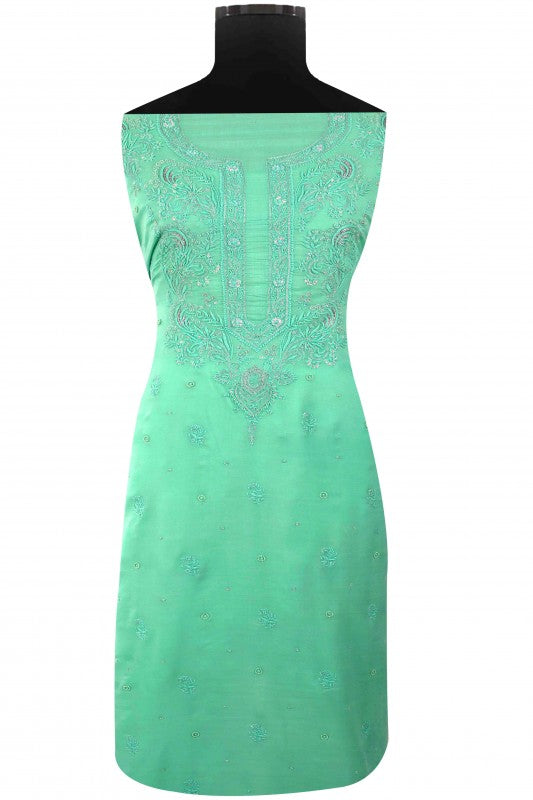 Ada Hand Embroidered Sea Green Cotton Lucknowi Chikan Unstitched Kurta Dupatta Set With Zari Work A166450