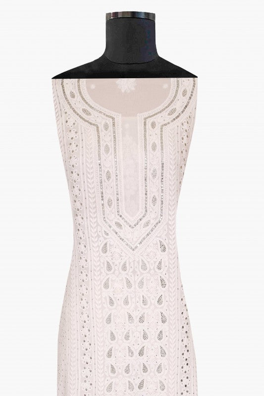 Ada Hand Embroidered White Georgette Lucknowi Chikan Unstitched Kurta Piece With Muqaish Work A580799