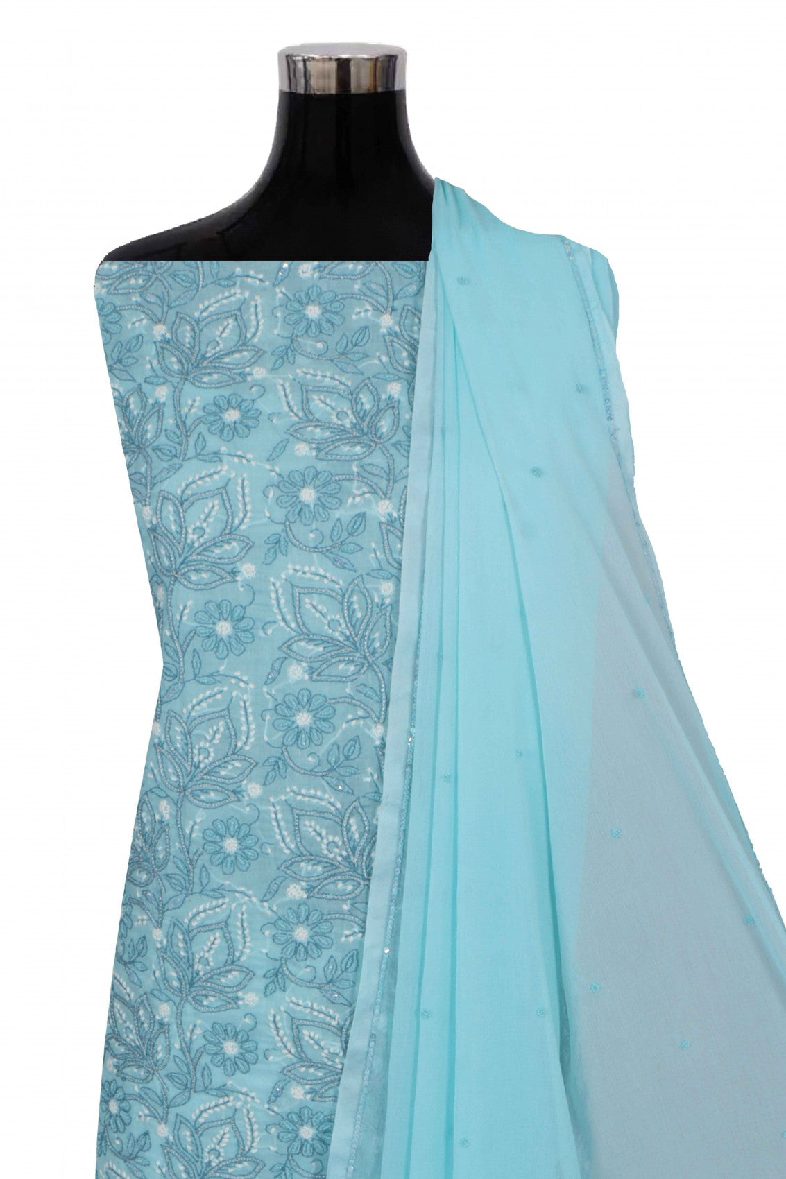 Ada Hand Embroidered Sky Blue Cotton Lucknowi Chikankari Unstitched Suit Piece With Pearl Work 01A271162
