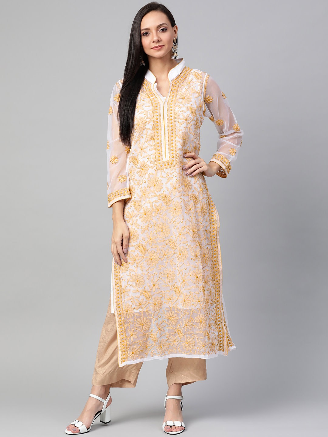 Ada Hand Embroidered White Faux Georgette Lucknowi Chikan Straight Kurta with Slip– A100409