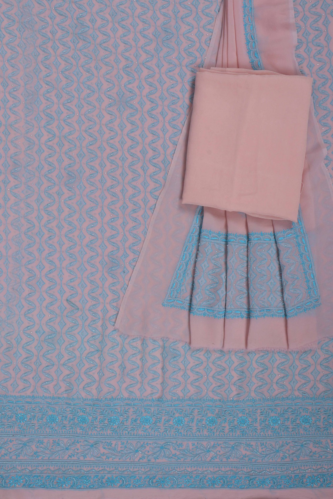 Ada Hand Embroidered Light Peach Pure Georgette Lucknowi Chikankari Unstitched Suit Piece With Pearl Work A222157