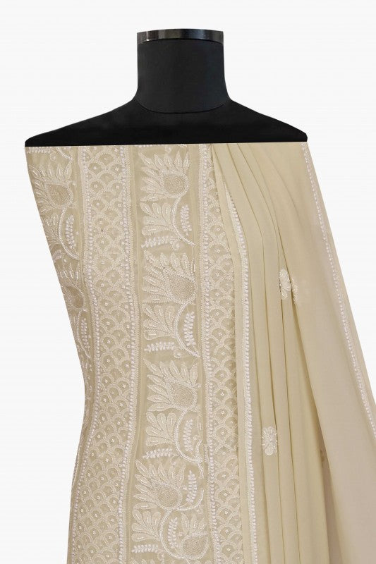Ada Hand Embroidered Pale Yellow Pure Georgette Semi-stitched Anarkali Kurta Dupatta With Pearl Work - A468460