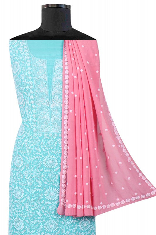 Ada Hand Embroidered Blue Pure Georgette Lucknowi Chikan Unstitched Kurta Dupatta Set A544138