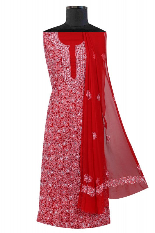 Ada Hand Embroidered Red Georgette Lucknowi Chikan Unstitched Suit Piece A516825