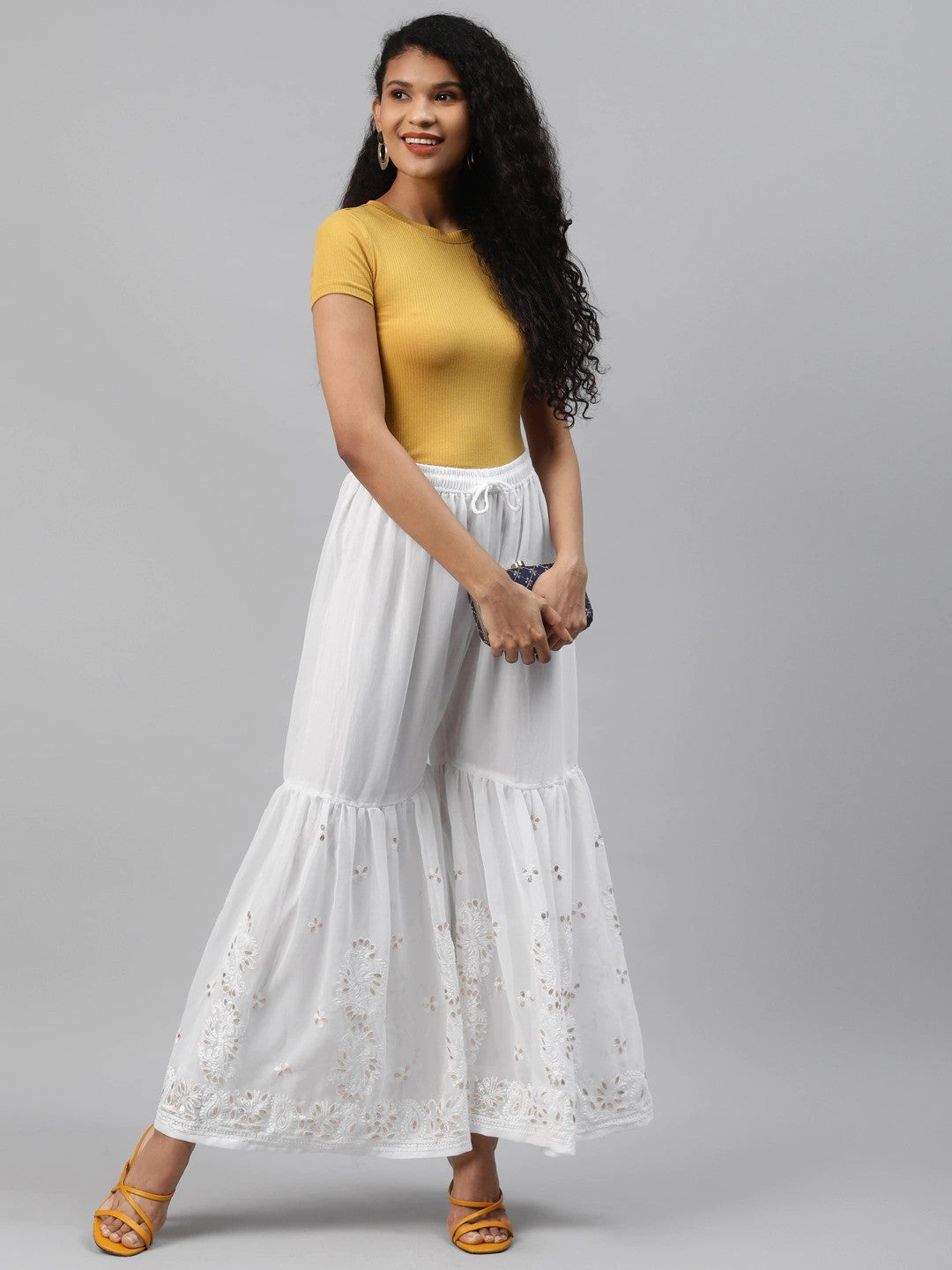 Ada Hand Embroidered White Georgette Lucknow Chikan Garara with Gota Patti Work A711136