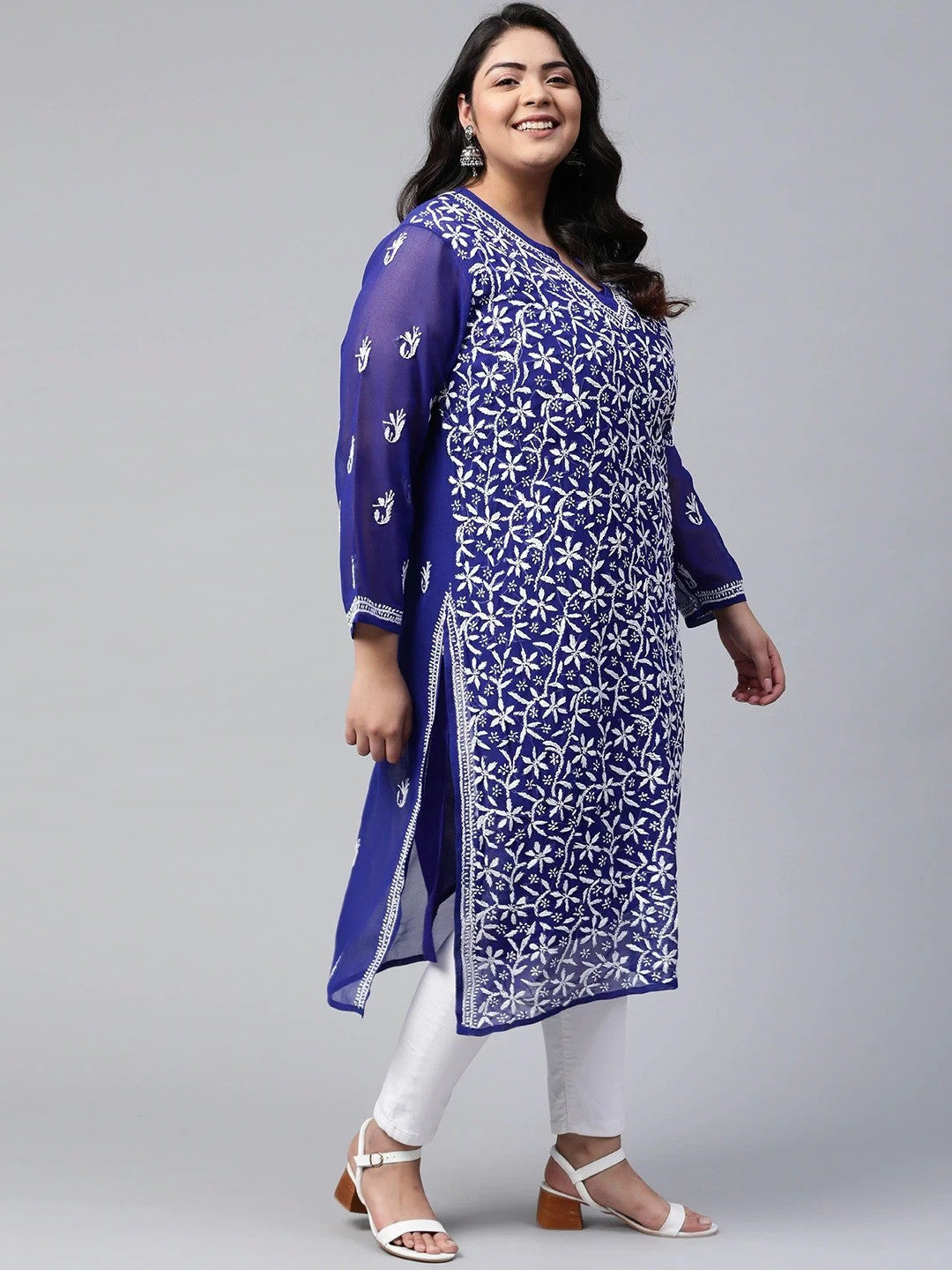 Ada Hand Embroidered Royal Blue Georgette Lucknowi Chikankari Straight Kurta with Slip A100347