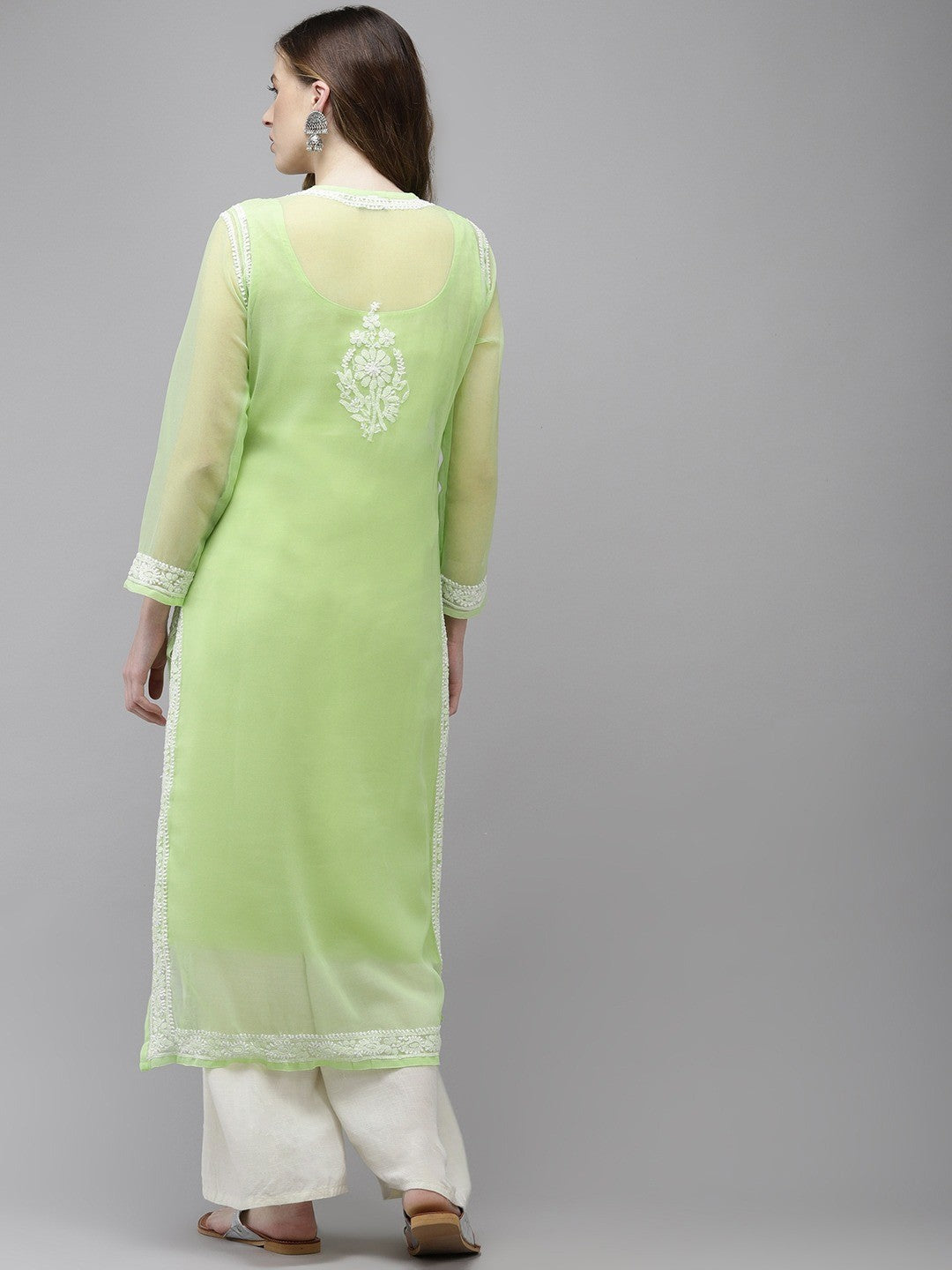 Ada Hand Embroidered Parrot Green Georgette Lucknowi Chikankari Straight Kurta With Slip A411365