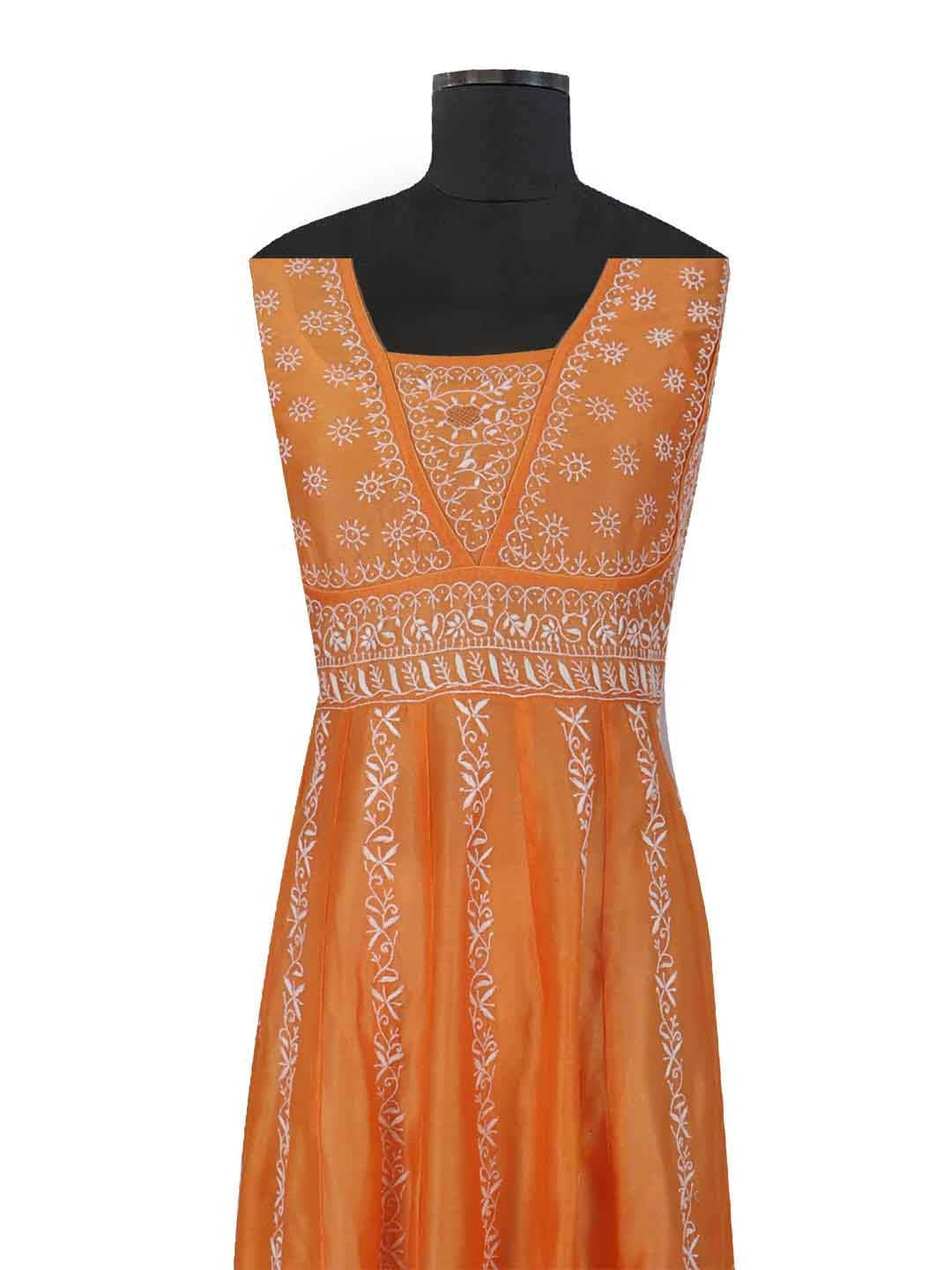 Ada Hand Embroidered Orange Chanderi Lucknowi Chikankari Semi-Stitched Anarkali Kurta Dupatta Set With Zari Work 01A205816