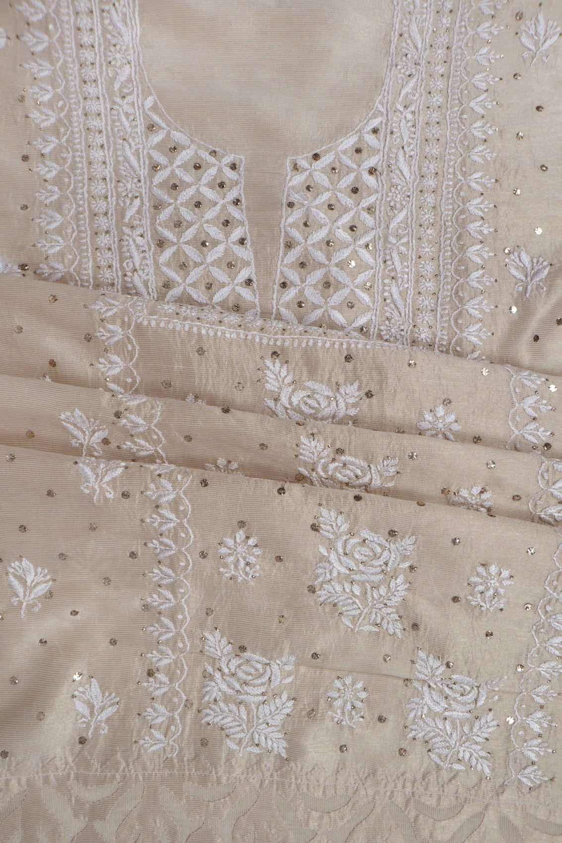 Ada Hand Embroidered Fawn Silk Lucknowi Chikankari Unstitched Kurta Dupatta Set With Muqaish Work 01A243066