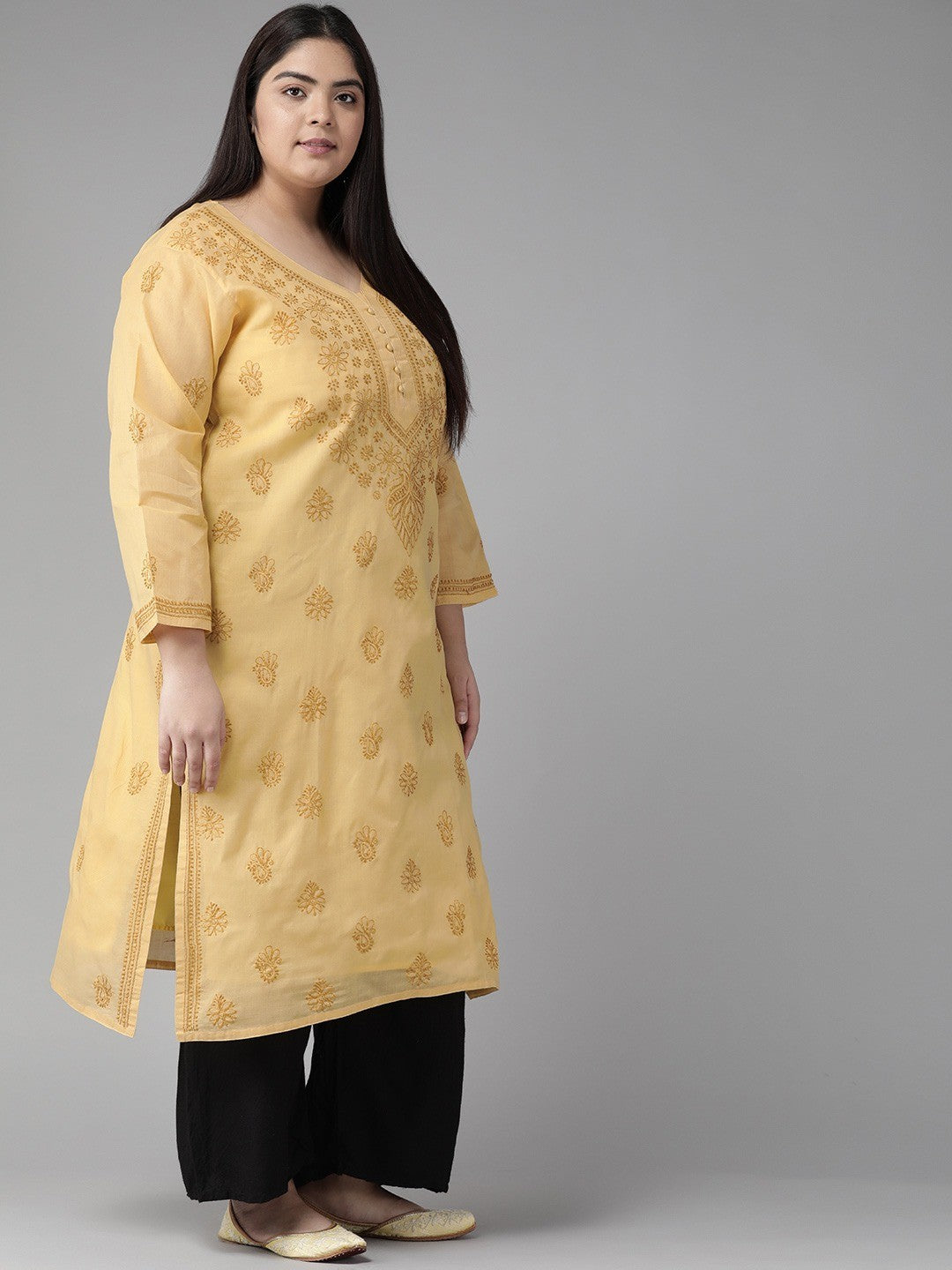 Ada Hand Embroidered Fawn Cotton Lucknowi Chikankari Straight Kurta A231417