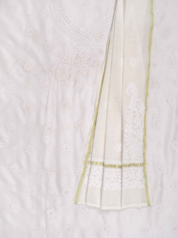 Ada Hand Embroidered White Chanderi Lucknowi Chikan Unstitched Kurta Dupatta Set A594194