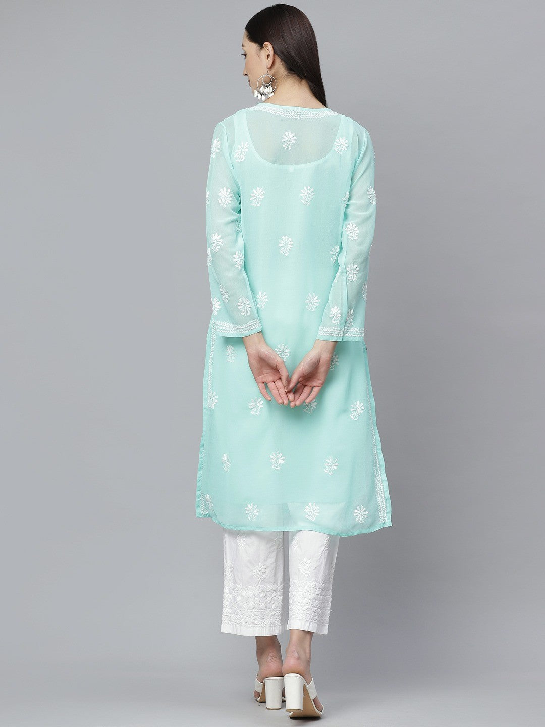 Ada Hand Embroidered Sea Green Georgette Lucknowi Chikankari Kurta Palazzo Set With Slip A811142