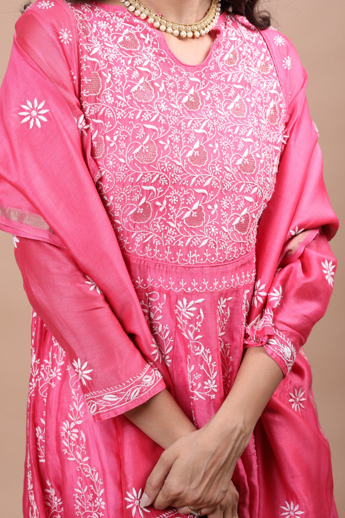 Ada Hand Embroidered Onion Pink Chanderi Lucknowi Chikankari Semi-Stitched Anarkali Kurta Dupatta Set With Zari Work 01A205812