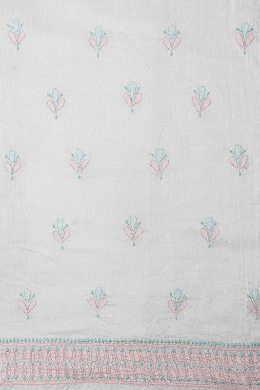 Ada Hand Embroidered White Chanderi Lucknowi Chikan Unstitched Kurta Dupatta– A586576