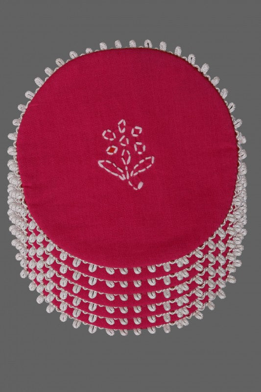 Ada Hand Embroidered Magenta Cotton Lucknowi Chikankari Table Coaster-A615049