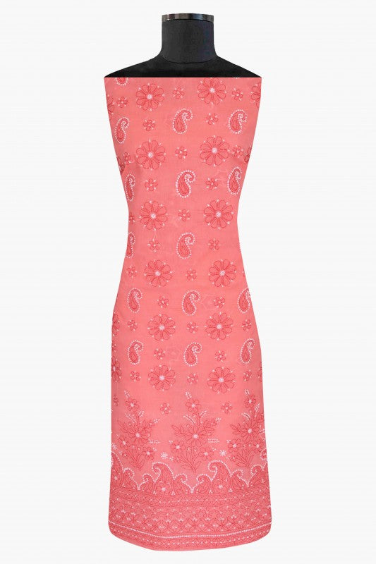 Ada Hand Embroidered Peach Cotton Lucknowi Chikan Unstitched Suit Piece–A100191